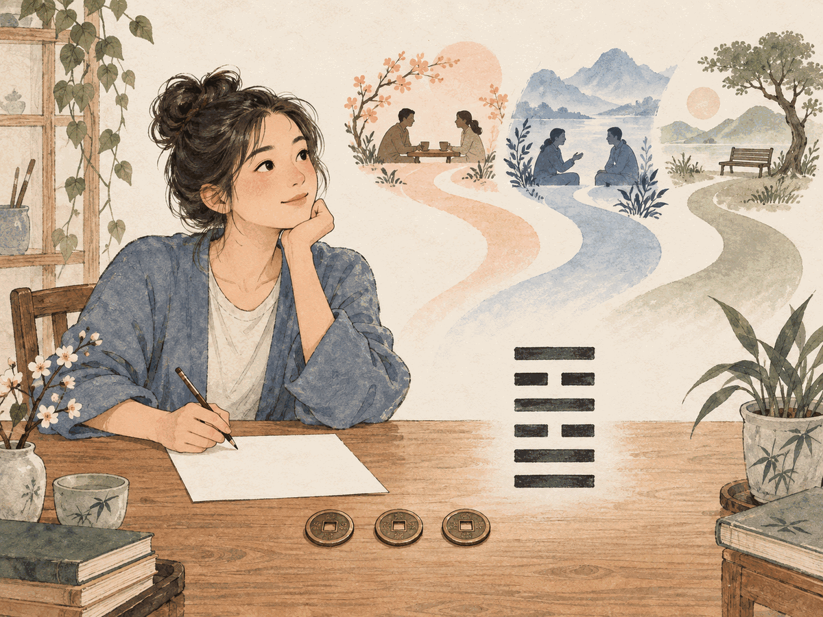 A person writes one focused question beside three coins, six orderly line spaces, and three gentle communication paths