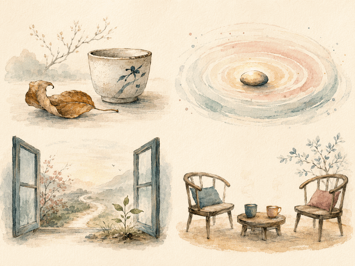 Four watercolor scenes representing detail, reaction, curiosity, and invitation