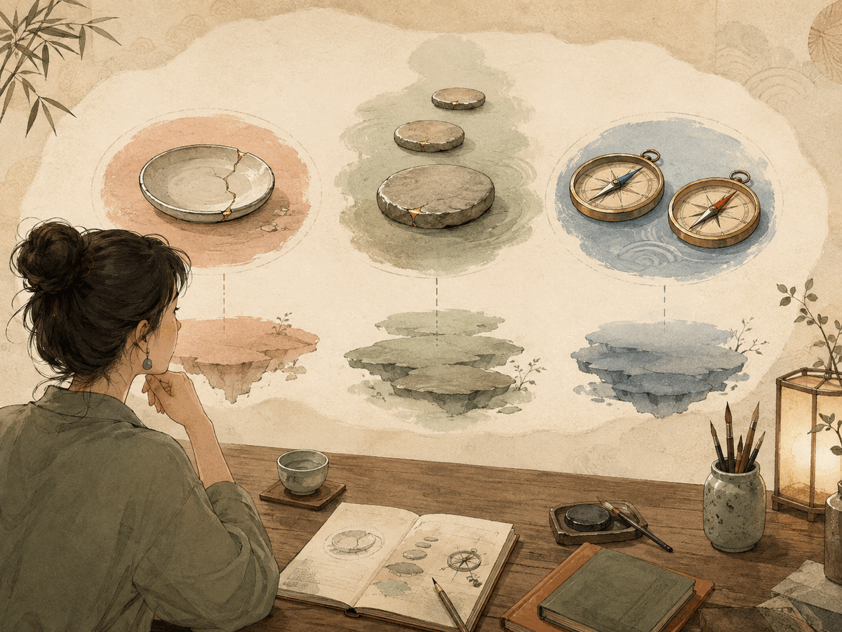 A three-layer friendship friction map shown as one cracked dish, repeated cracked stones, and diverging compasses