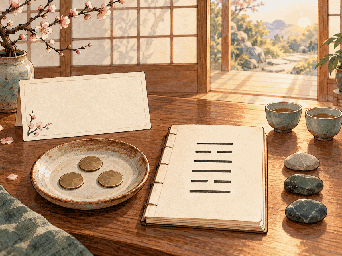 A focused question card, three coins, six lines, two cups, and observation stones lead toward an open doorway