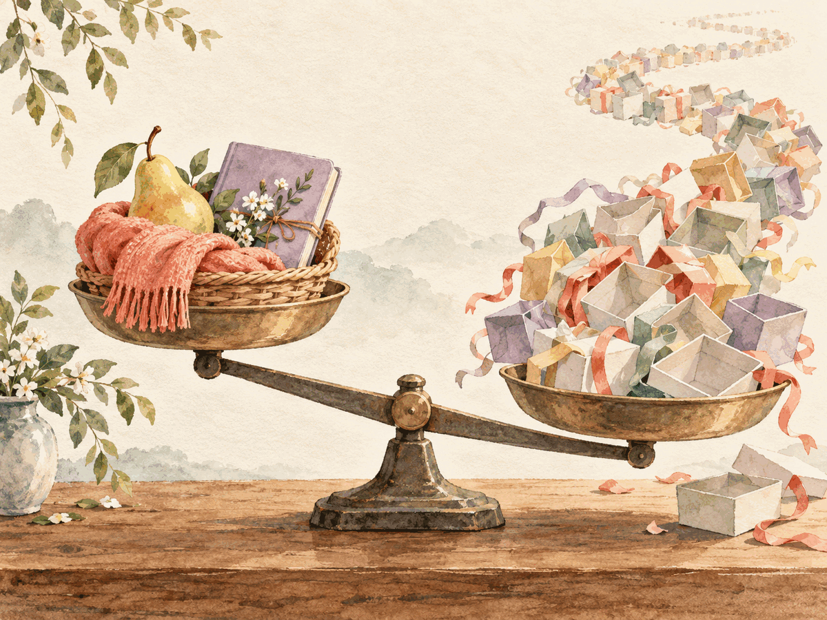 A balanced basket of useful objects faces an endless trail of empty gift boxes