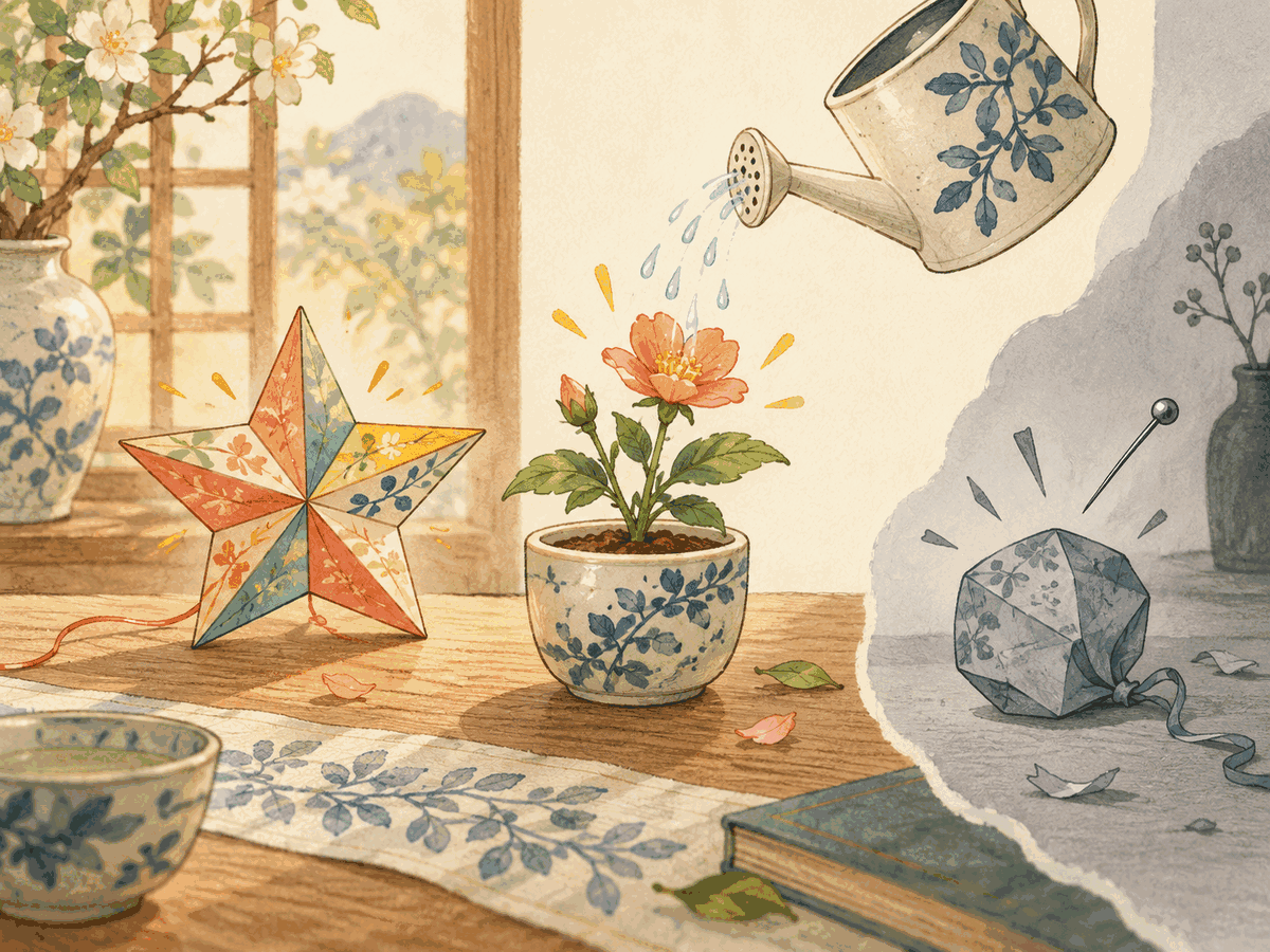 A bright paper star and watered flower contrast with a pinned, deflated paper shape