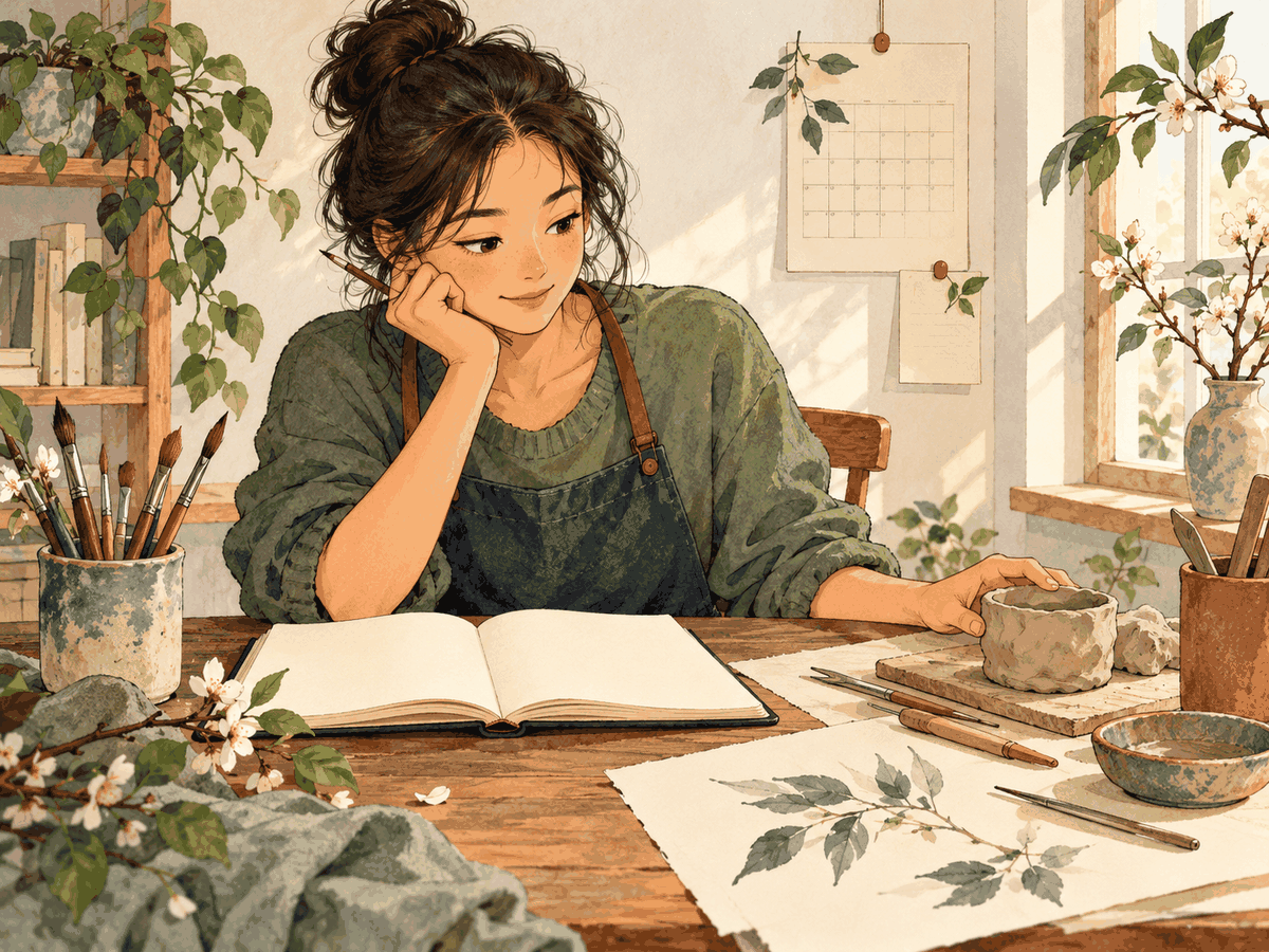 A reader reflects beside a journal, art materials, and an unfinished ceramic cup.