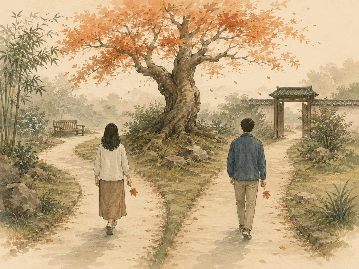 Two longtime friends walking on separate garden paths while each carries a leaf from the same old tree