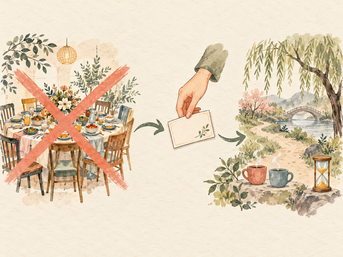 A crowded meal replaced by a simple invitation for two cups beside a short walking path