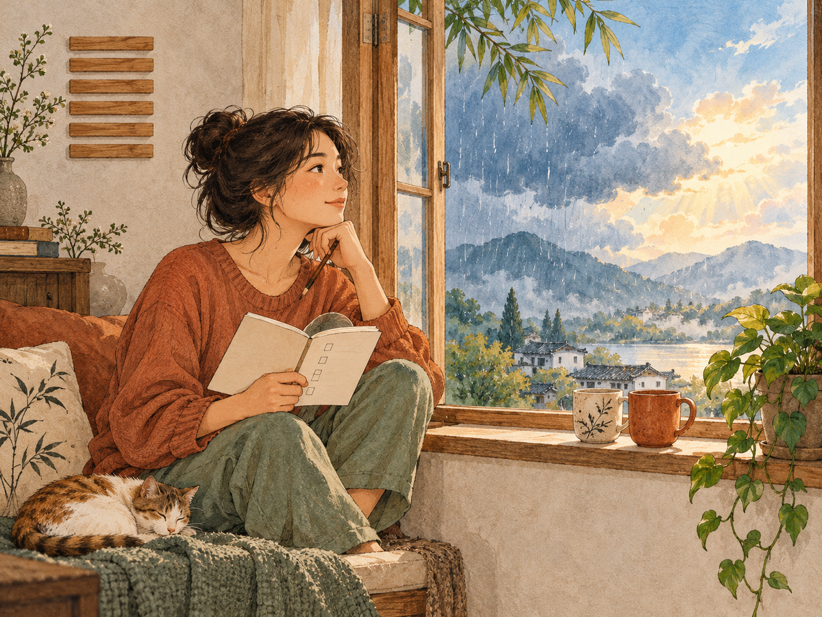 A woman journals beside two cups as rain clouds clear beyond an open window