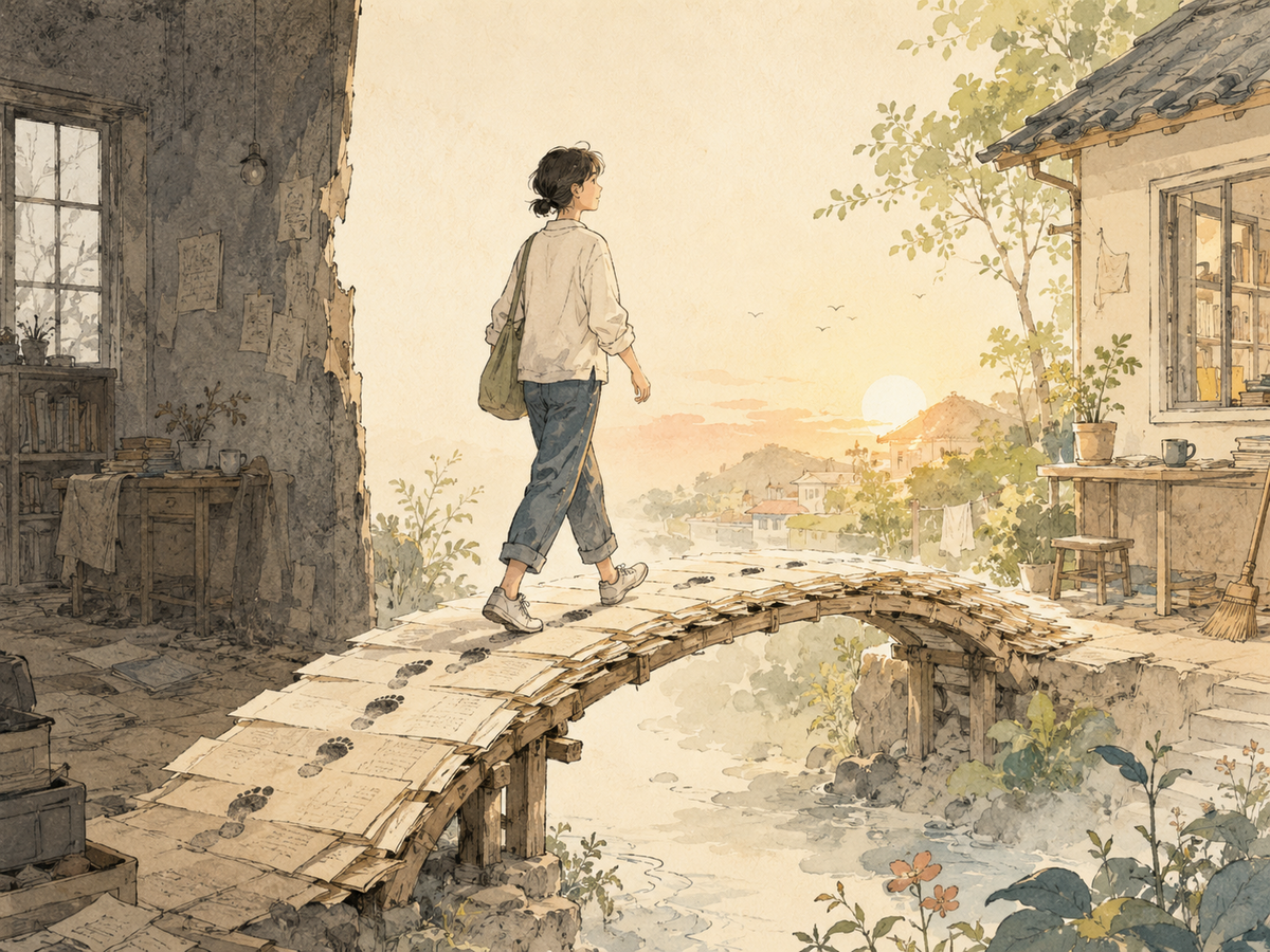 A young adult crossing a handmade bridge strengthened by repeated footsteps