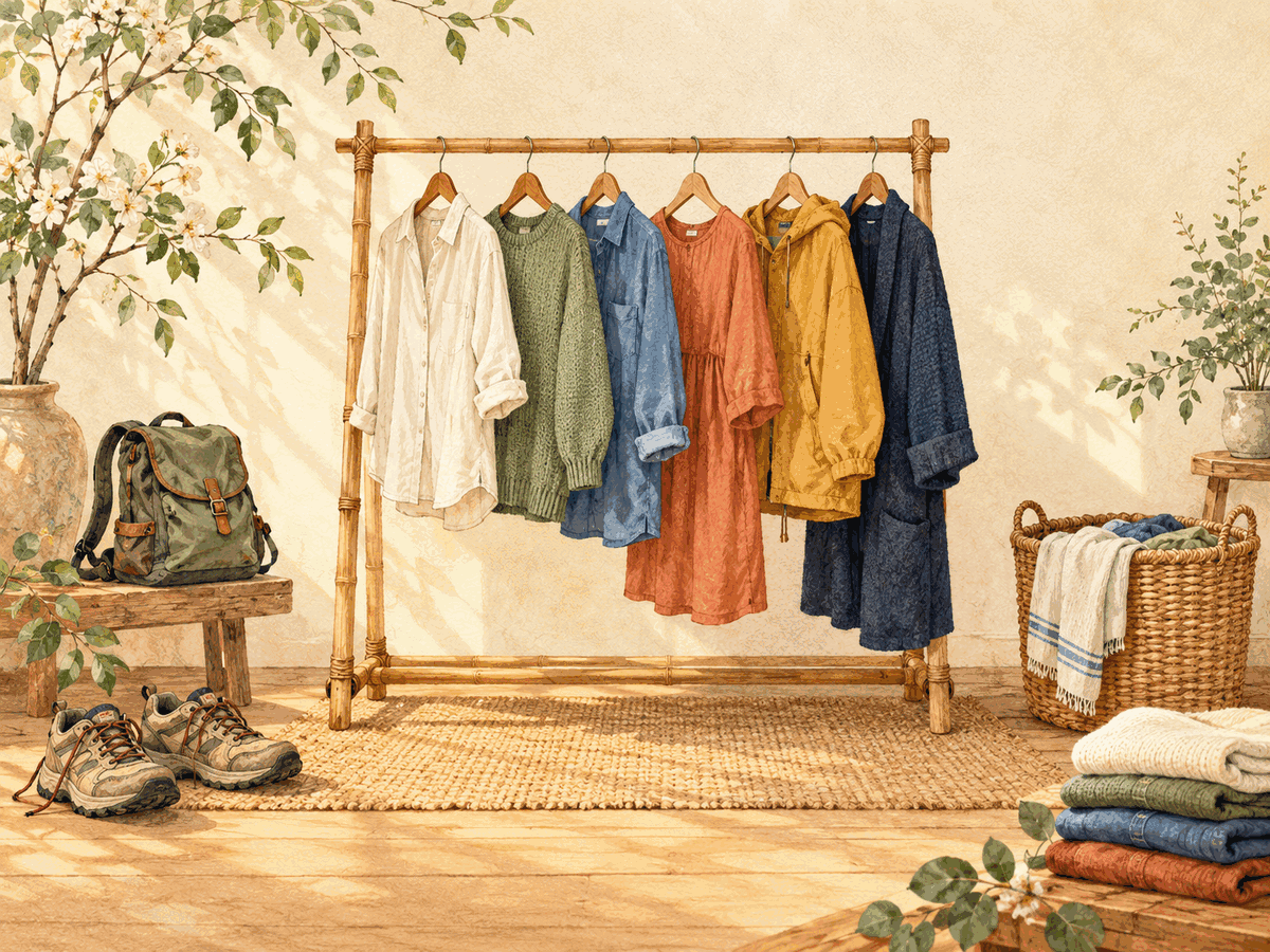 A small rack of useful clothes with walking shoes, a daypack, and laundry nearby