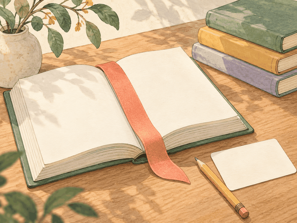 A ribbon marks a place in an open book beside a pencil and a blank note card.