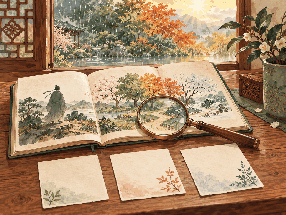 Notes, a plant, and changing garden weather illustrate reading a role alongside its conditions