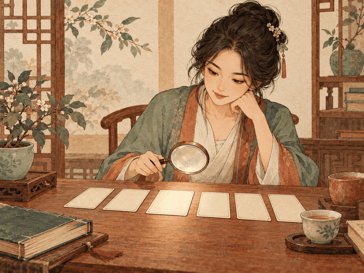 A reader selects one blank question card for closer attention instead of examining every card at once
