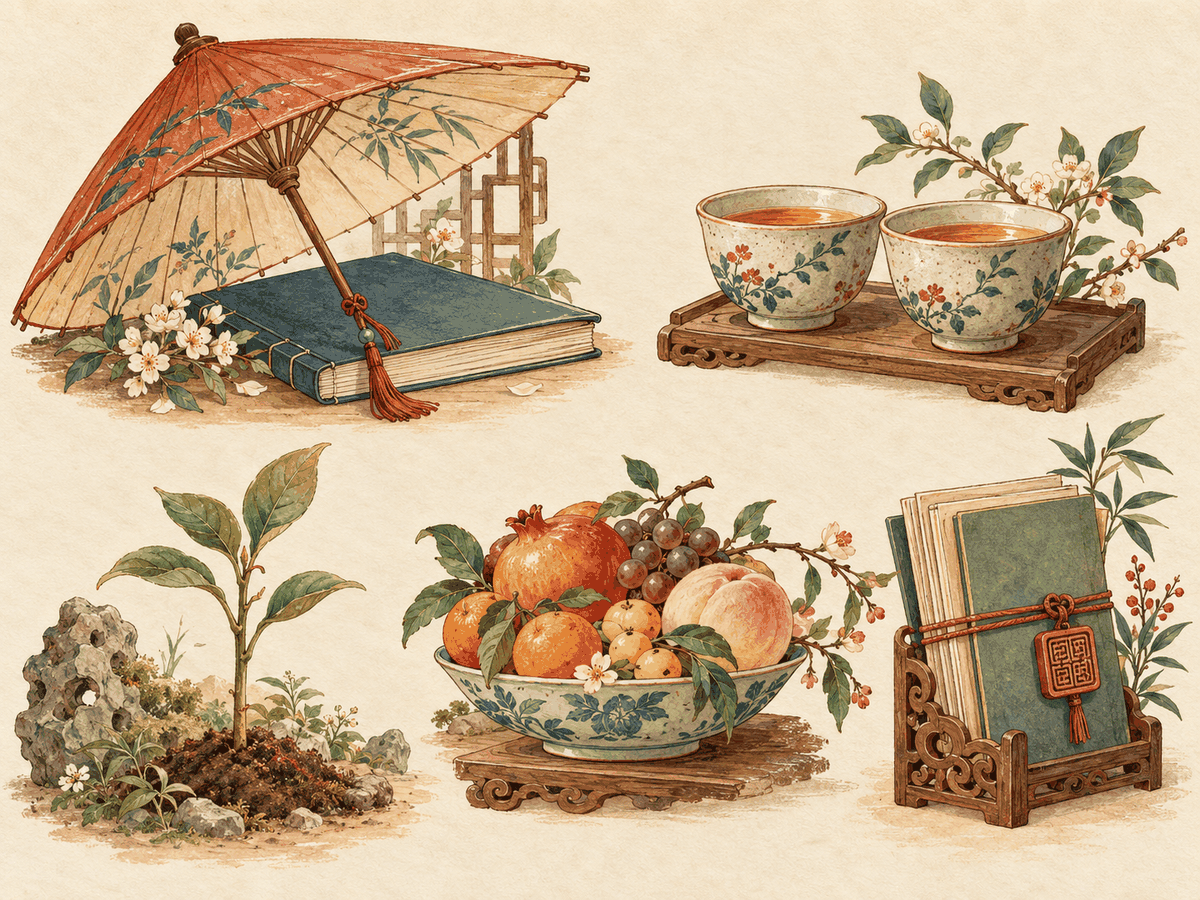 Five everyday objects act as memory aids for protection, peers, growth, resources, and authority
