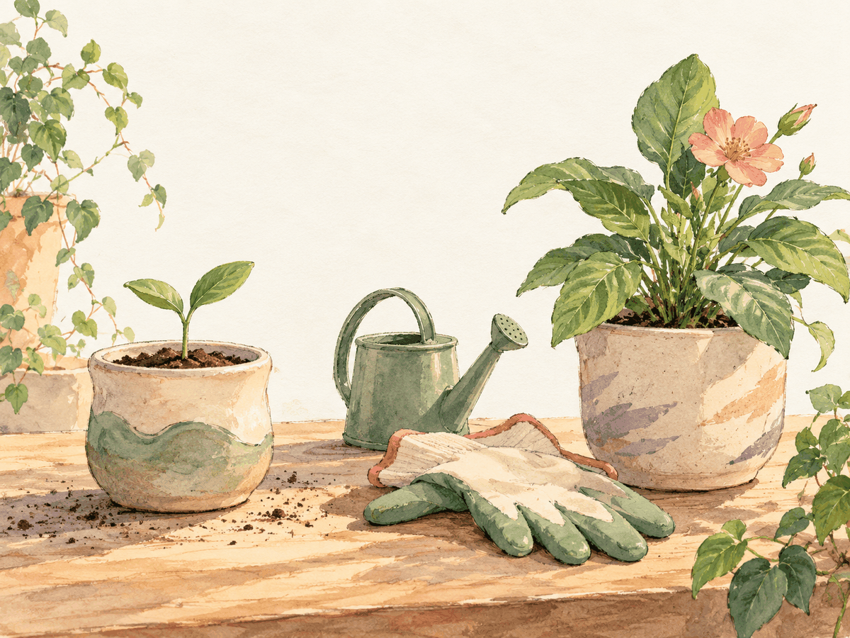 Gardening tools sit between a seedling and a flowering plant.