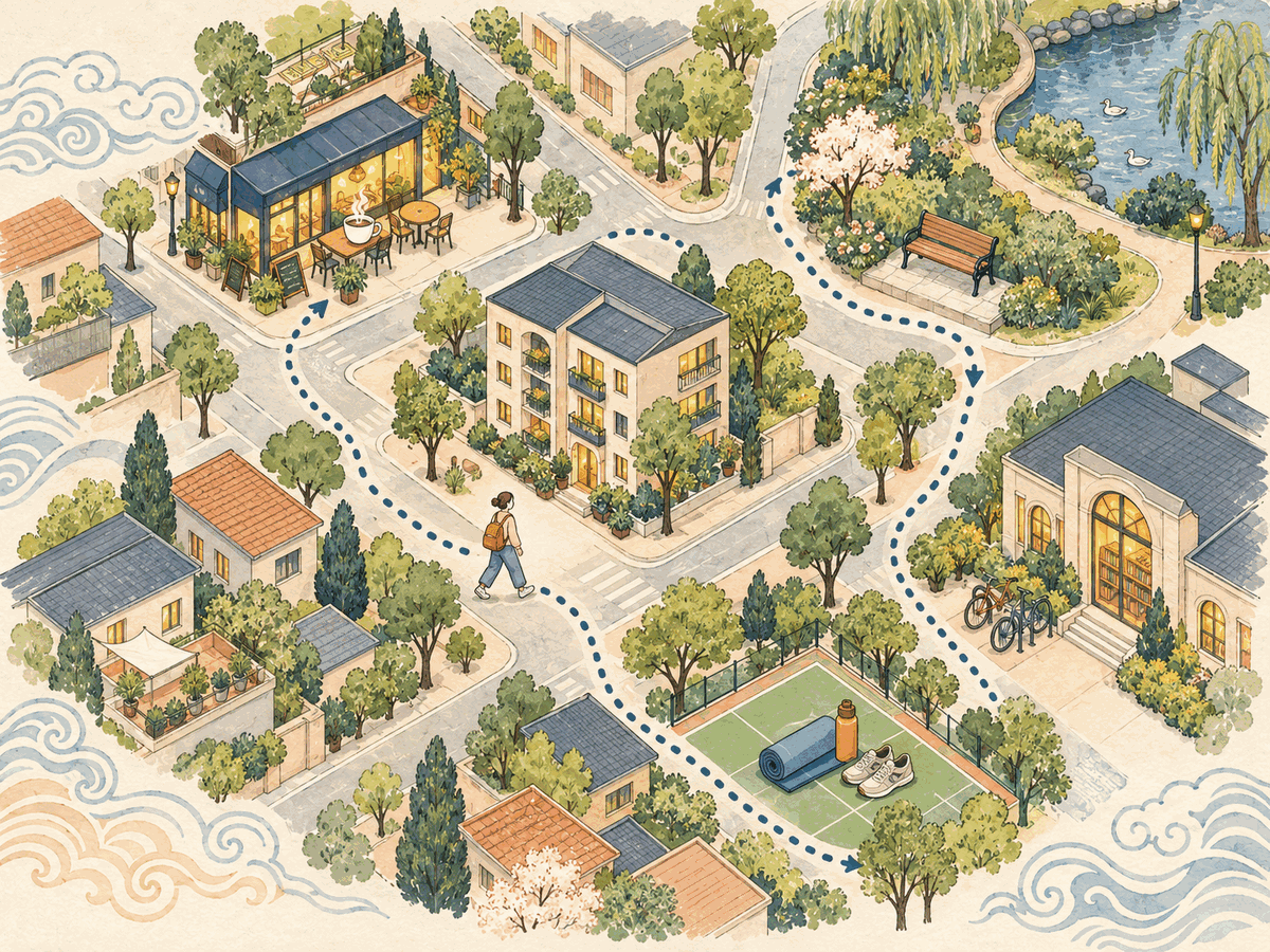 A hand-drawn neighborhood map with a repeated path connecting an apartment, café, park, library, and activity