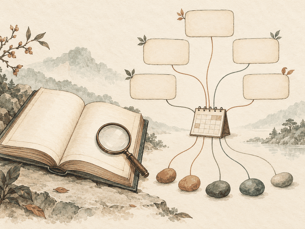 An open book sits beside blank relationship cards, colored stones, and a calendar.