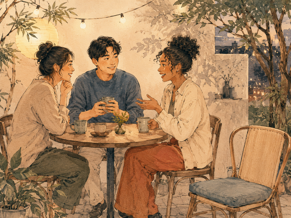 Three friends sharing a warm conversation with space for new relationships