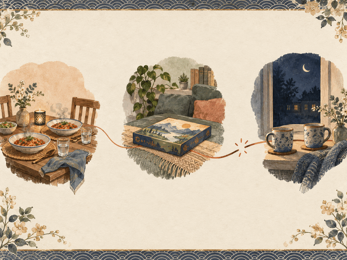 Three ordinary shared moments—a dinner, a board game, and tea—connected by an interrupted line