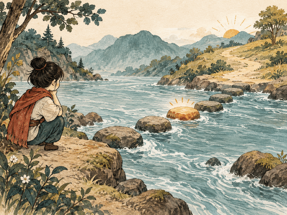 A reader watches a river crossing with one bright stepping stone between the present bank and a path ahead