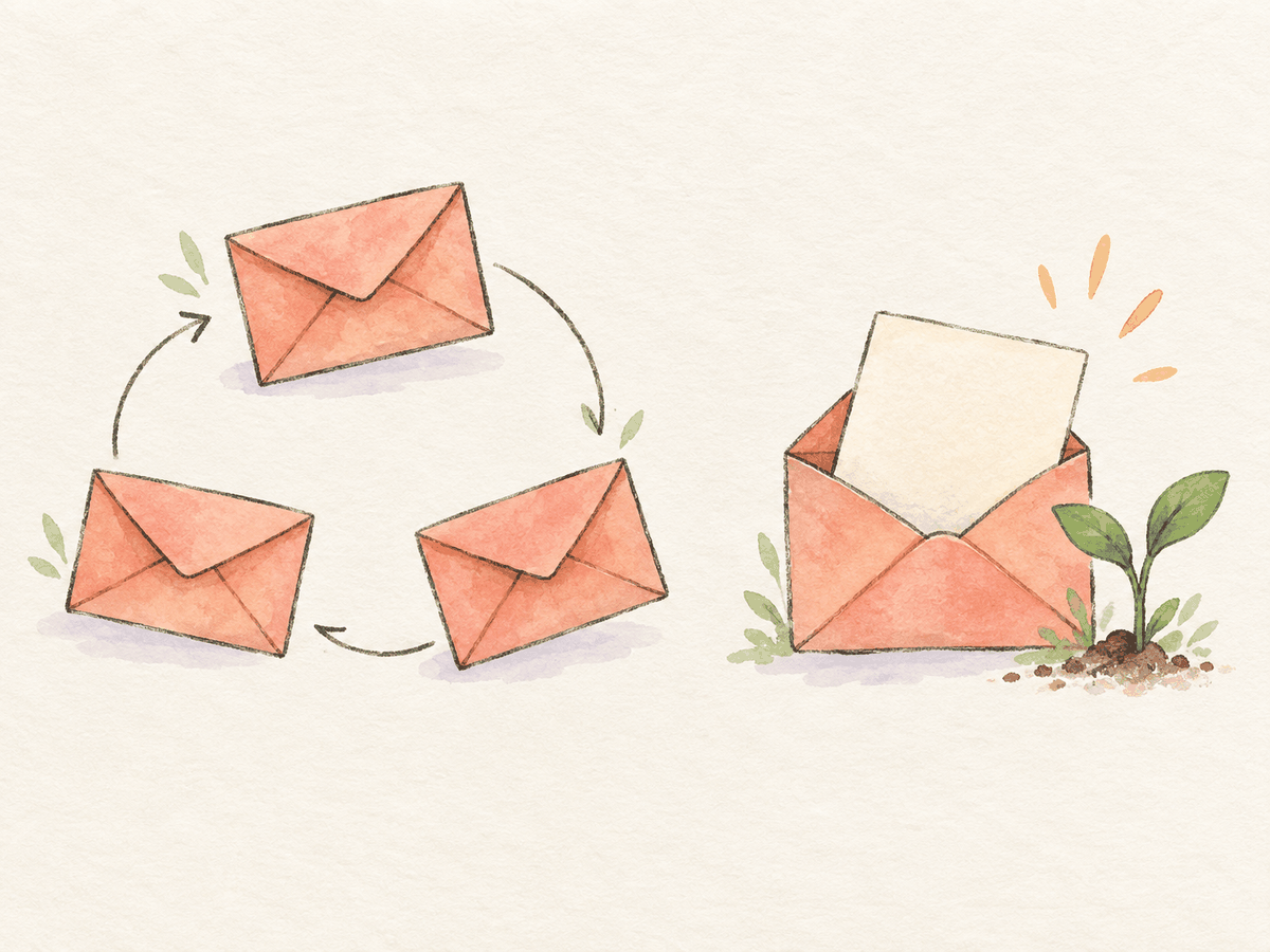 Repeated sealed envelopes contrast with an opened envelope holding a new message.