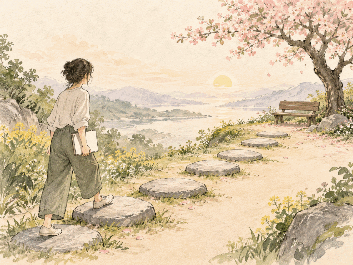A person steps along a short garden path toward a bench beneath a flowering tree
