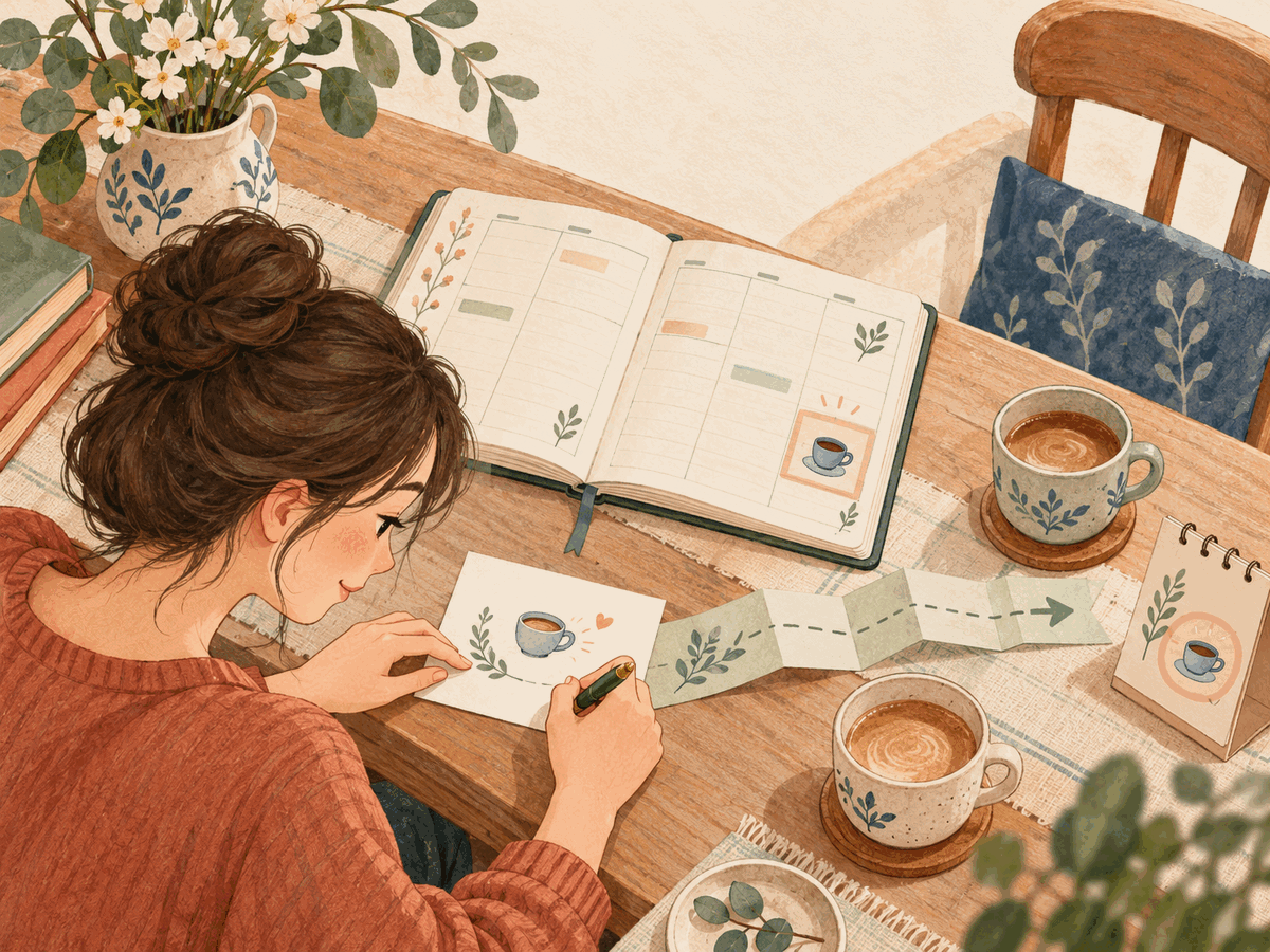 A woman prepares one clear coffee invitation beside a weekly planner and two cups