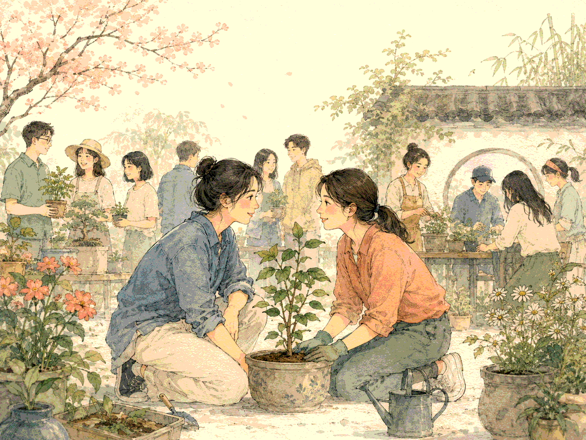 Two people focus on one promising connection during a friendly group gardening activity