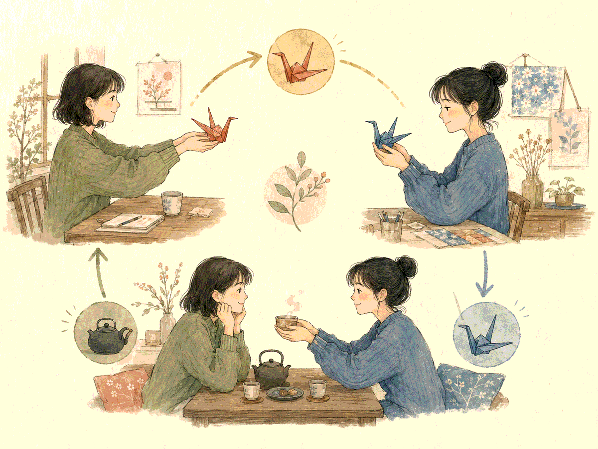 Two people exchange paper cranes and tea in a balanced circle of invitation response and follow-up