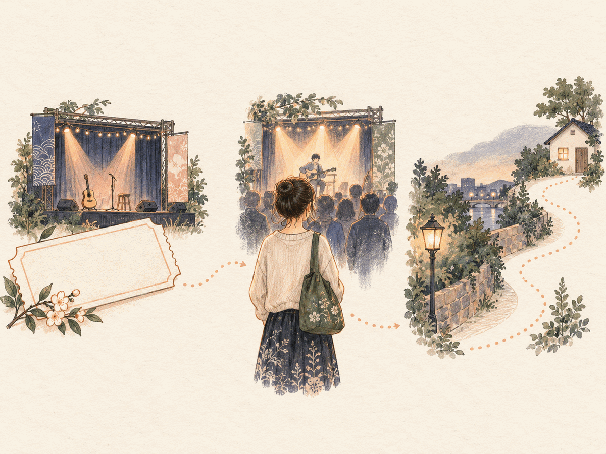 A ticket, a comfortable viewing spot, and a route home illustrate a bounded solo outing