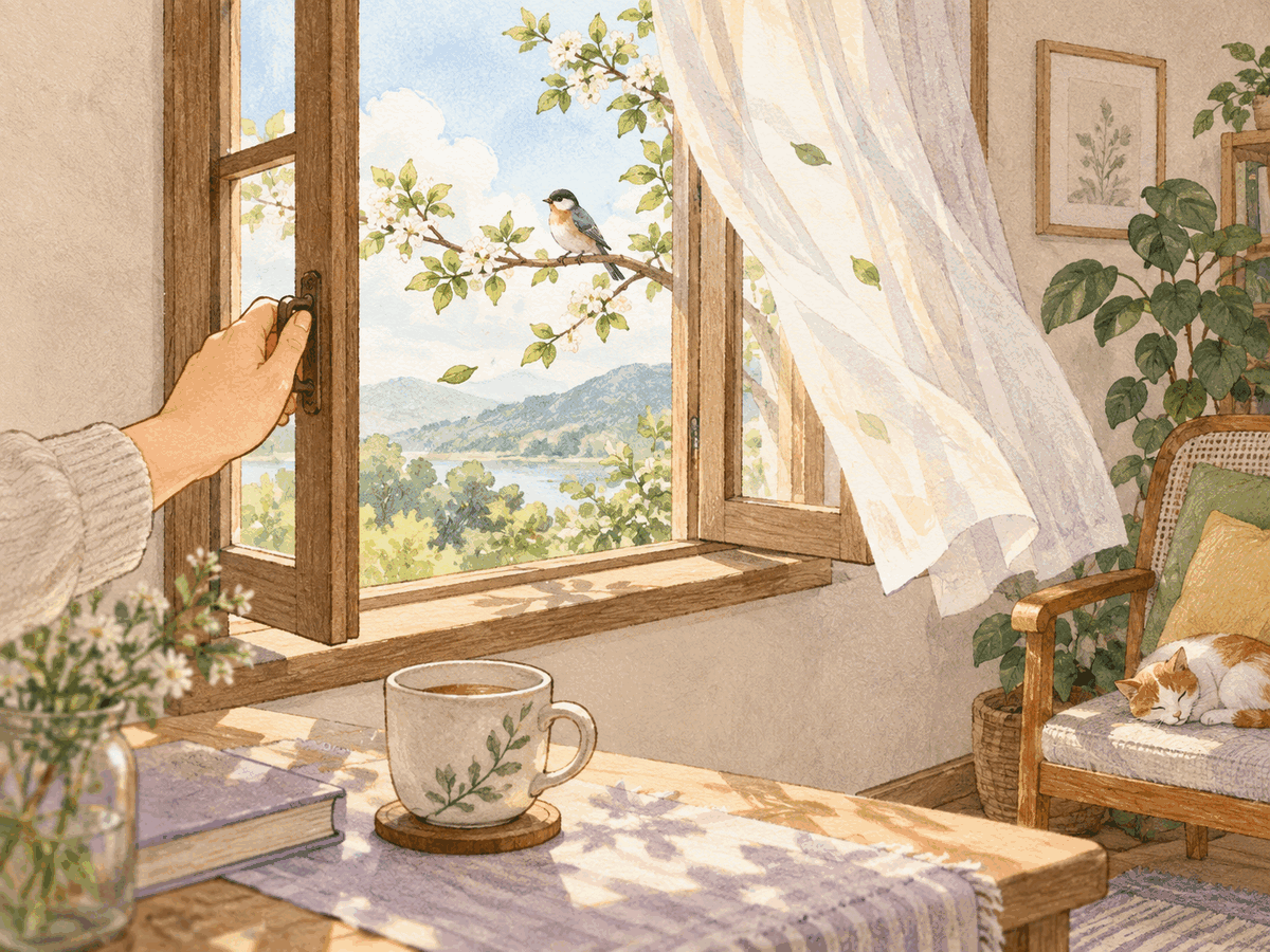 A hand opens a window in a warm room while fresh air moves the curtain