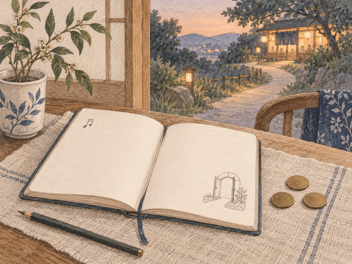 An open journal and three brass coins sit beside a view of a music venue
