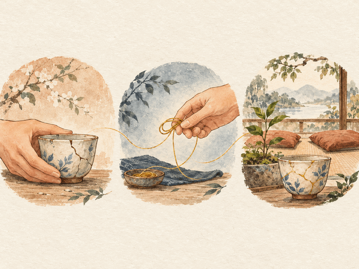 Three watercolor scenes show a cracked cup being held, repaired, and placed beside new growth