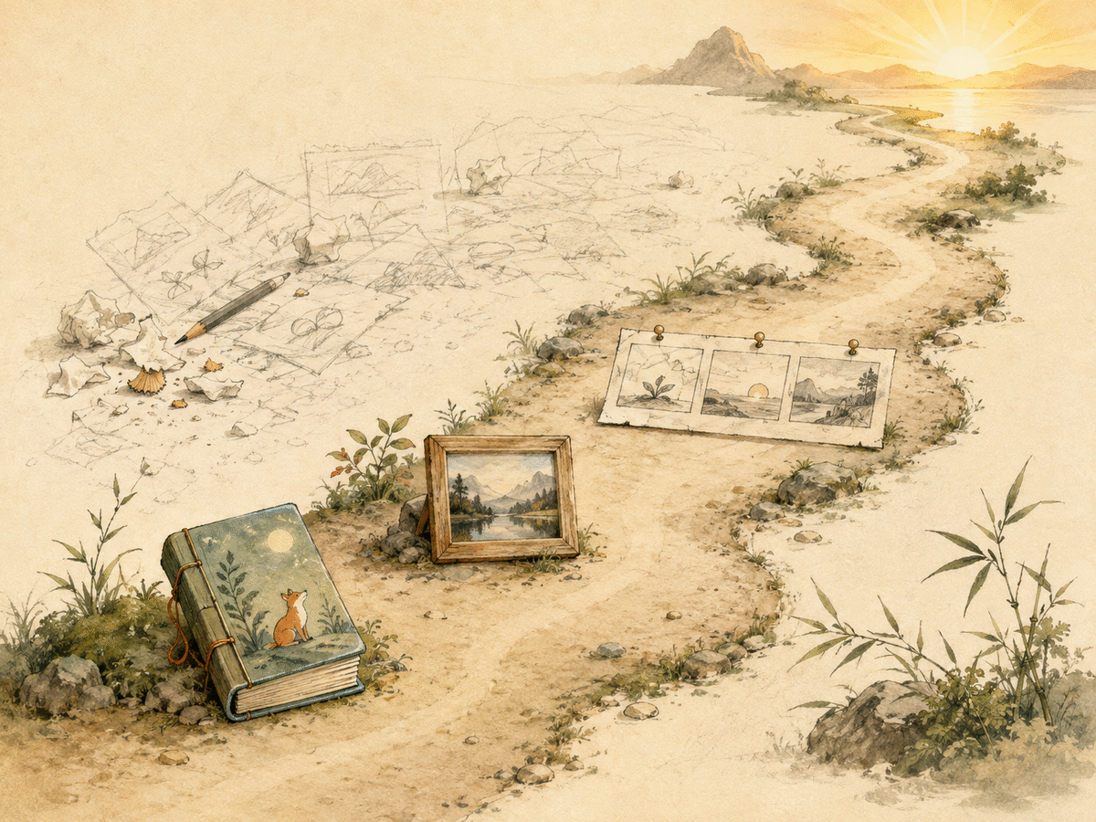 A gentle trail of small completed creative works leading toward a clearer direction