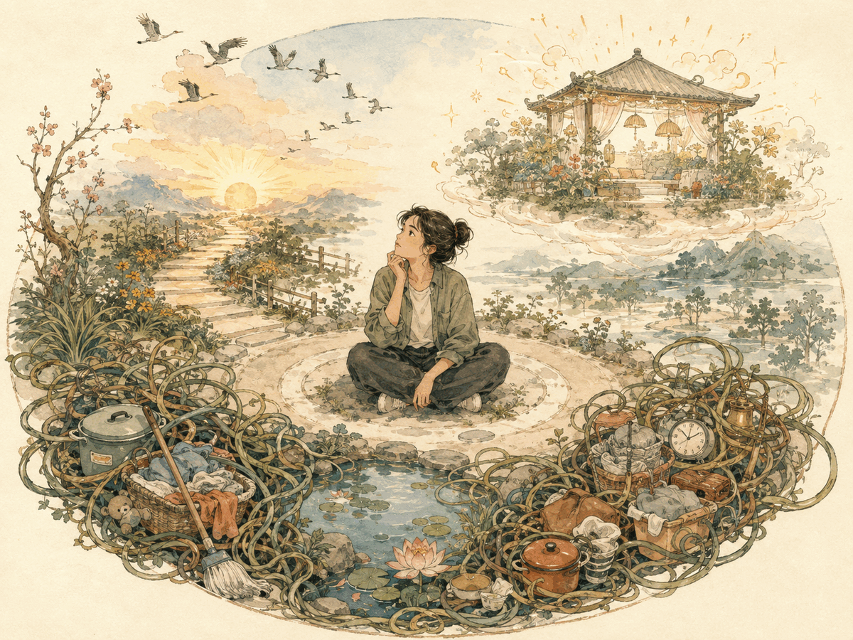 A person considers a sunrise path, tangled obligations, and an idealized pavilion in a three-part decision map