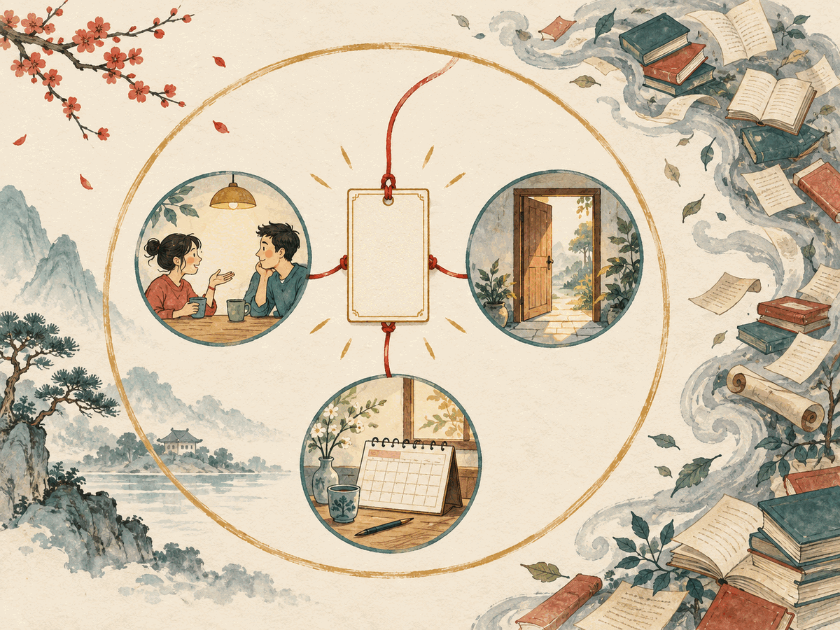 A blank question card connects to a conversation, an open doorway, and a calendar while extra books remain outside a calm boundary