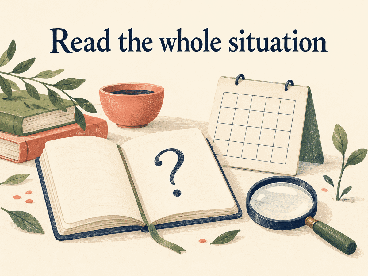 A question notebook, calendar, and magnifying glass represent reading a situation in context.