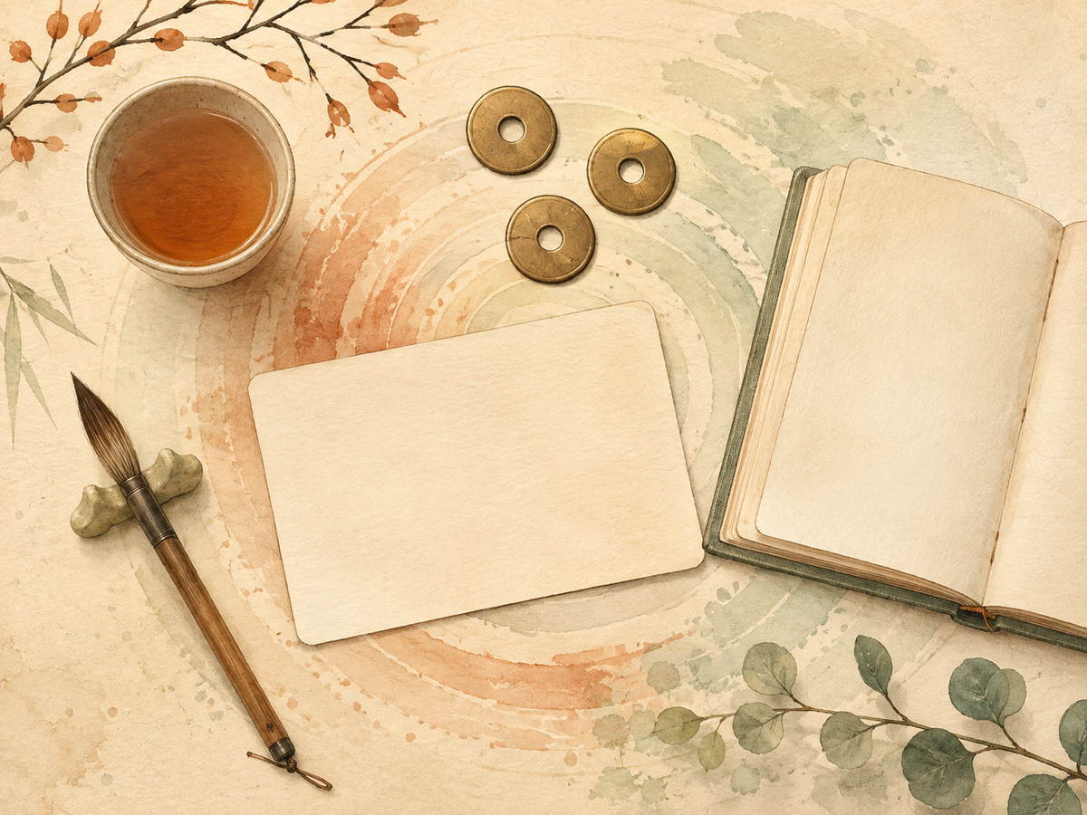 Three simple coins, a blank question card, and a journal arranged for quiet reflection
