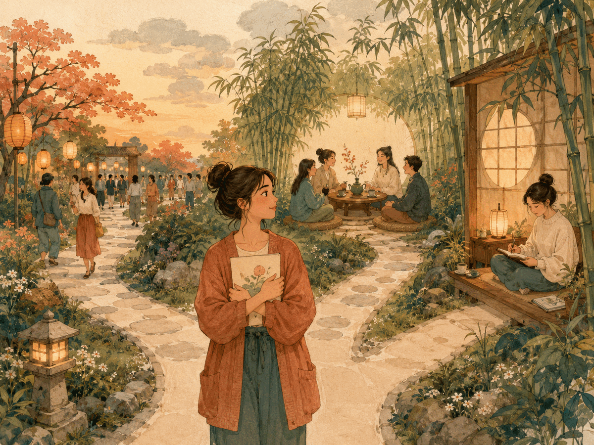 A creator calmly chooses among a public path, a small tea circle, and a private journal nook