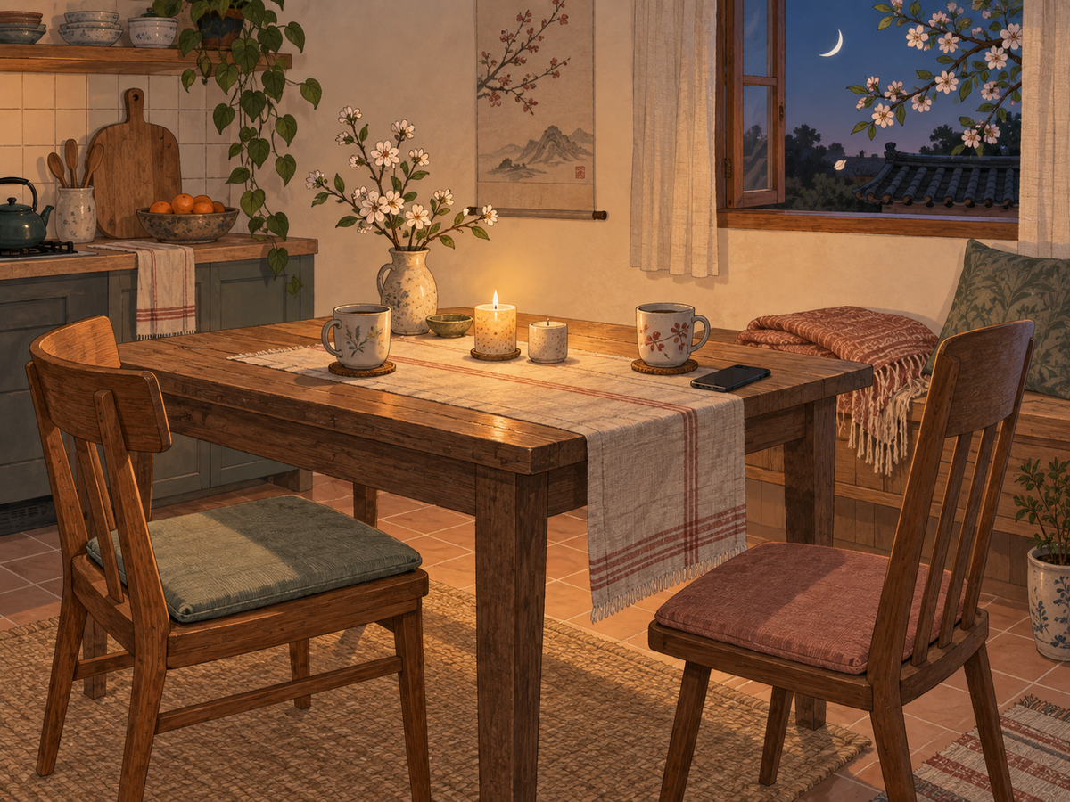 Quiet evening kitchen with two angled chairs, two mugs, one glowing candle and one unlit candle before an honest conversation