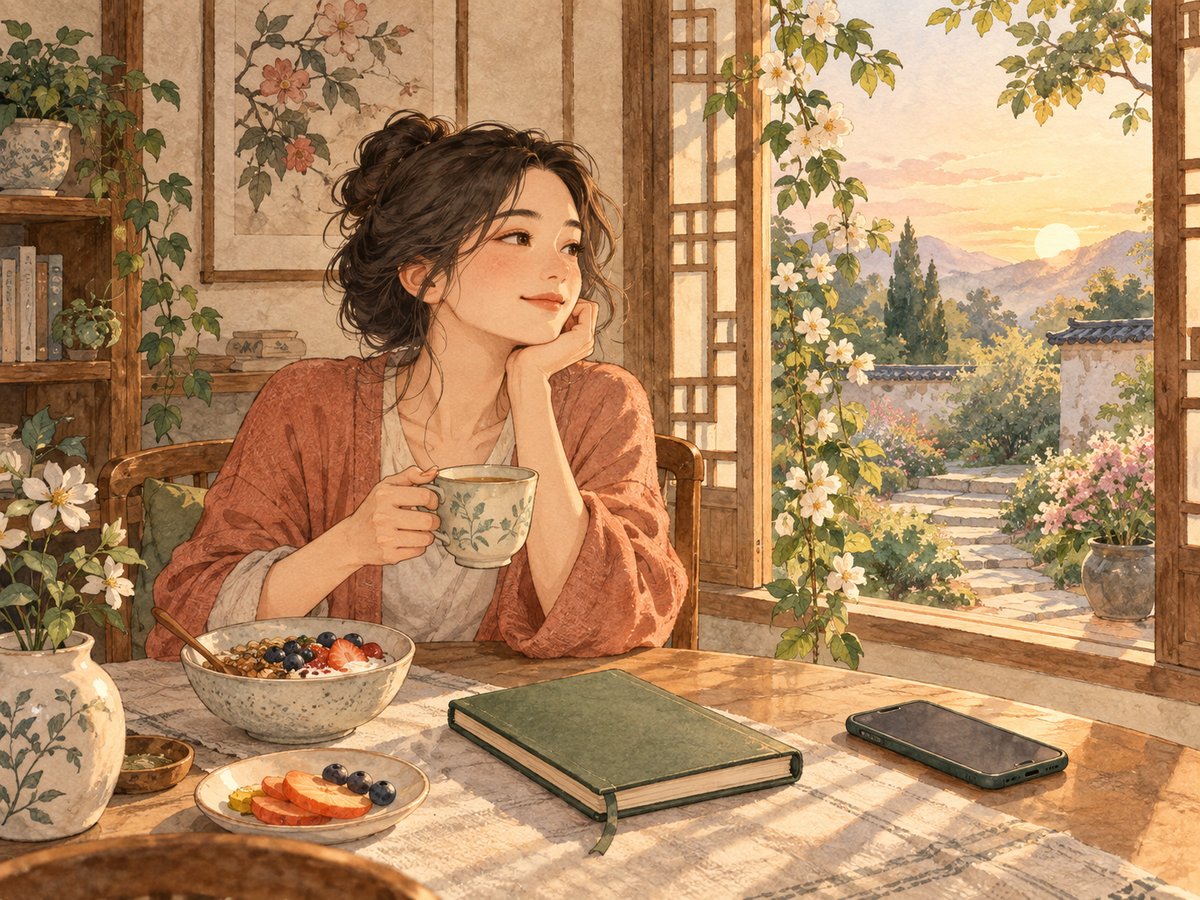 A calm morning table with tea, a silent phone, and an open window toward a garden path