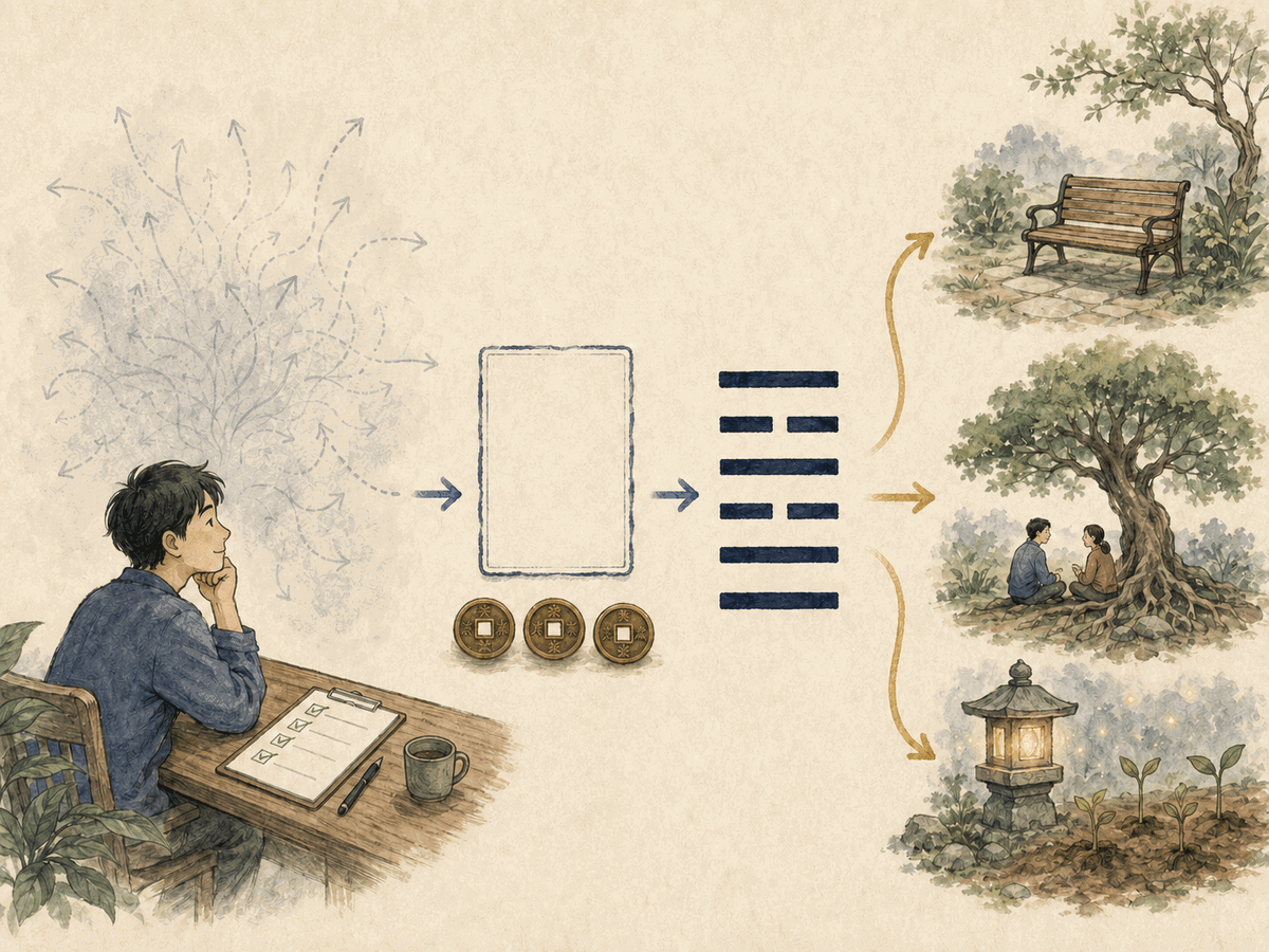 A completed checklist becomes one focused question, three coins, six I Ching lines, and three grounded paths
