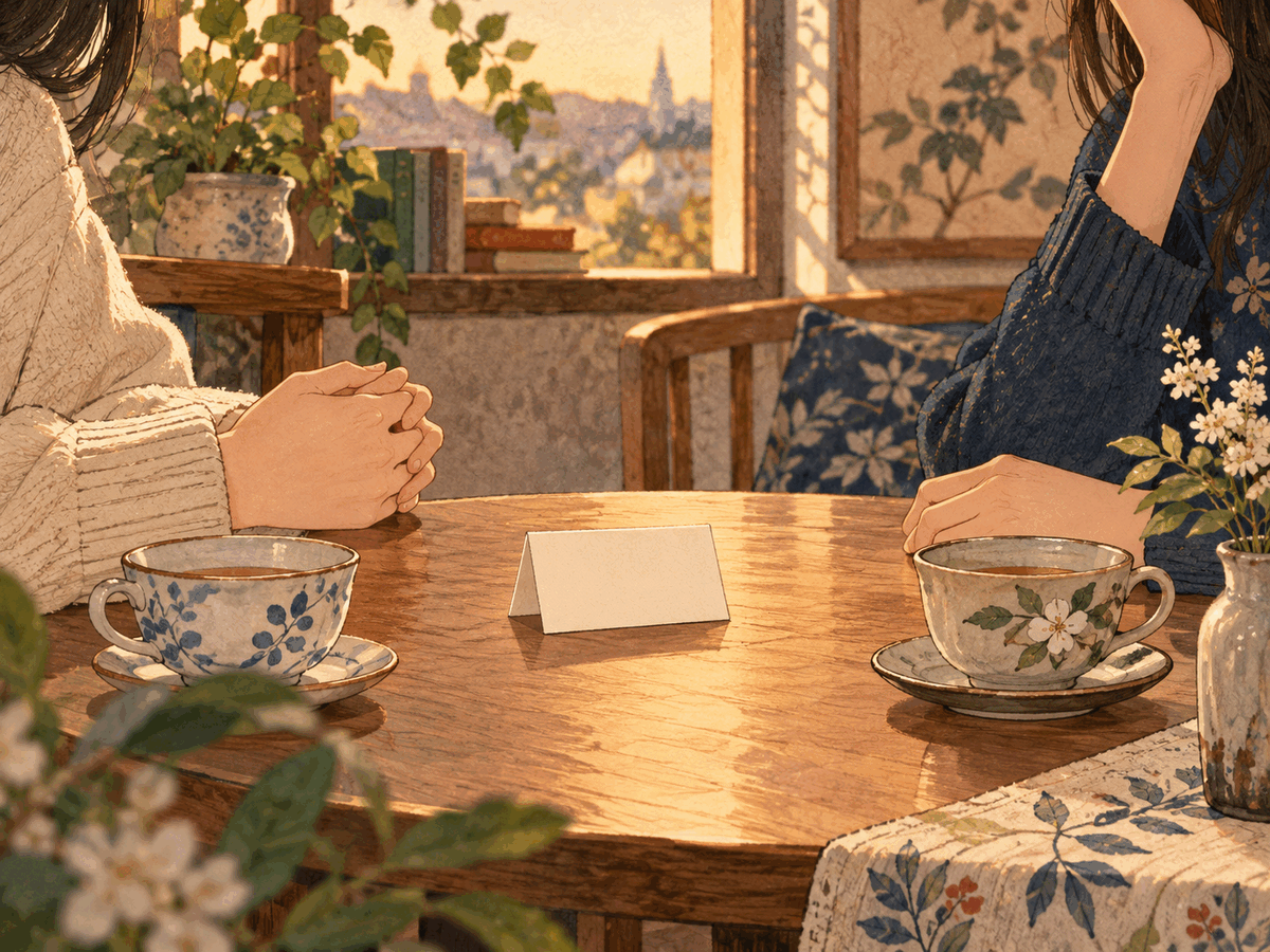 Two friends sit across a warm table with a blank folded note and space between their cups