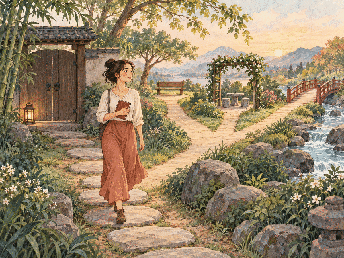 Woman walking a seven-stone garden path toward three calm choices after leaving a closed gate