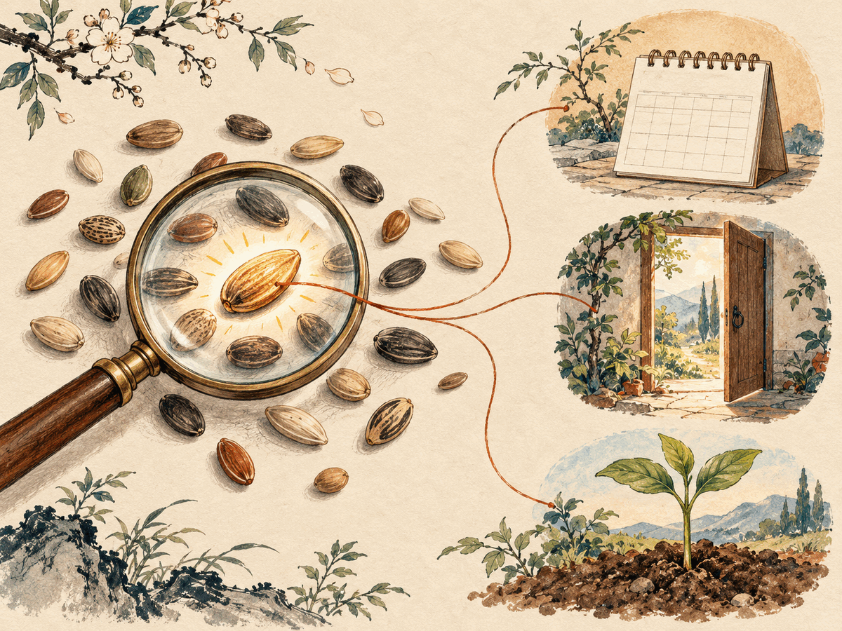 A magnifying glass over one bright seed linked to a calendar, doorway, and seedling