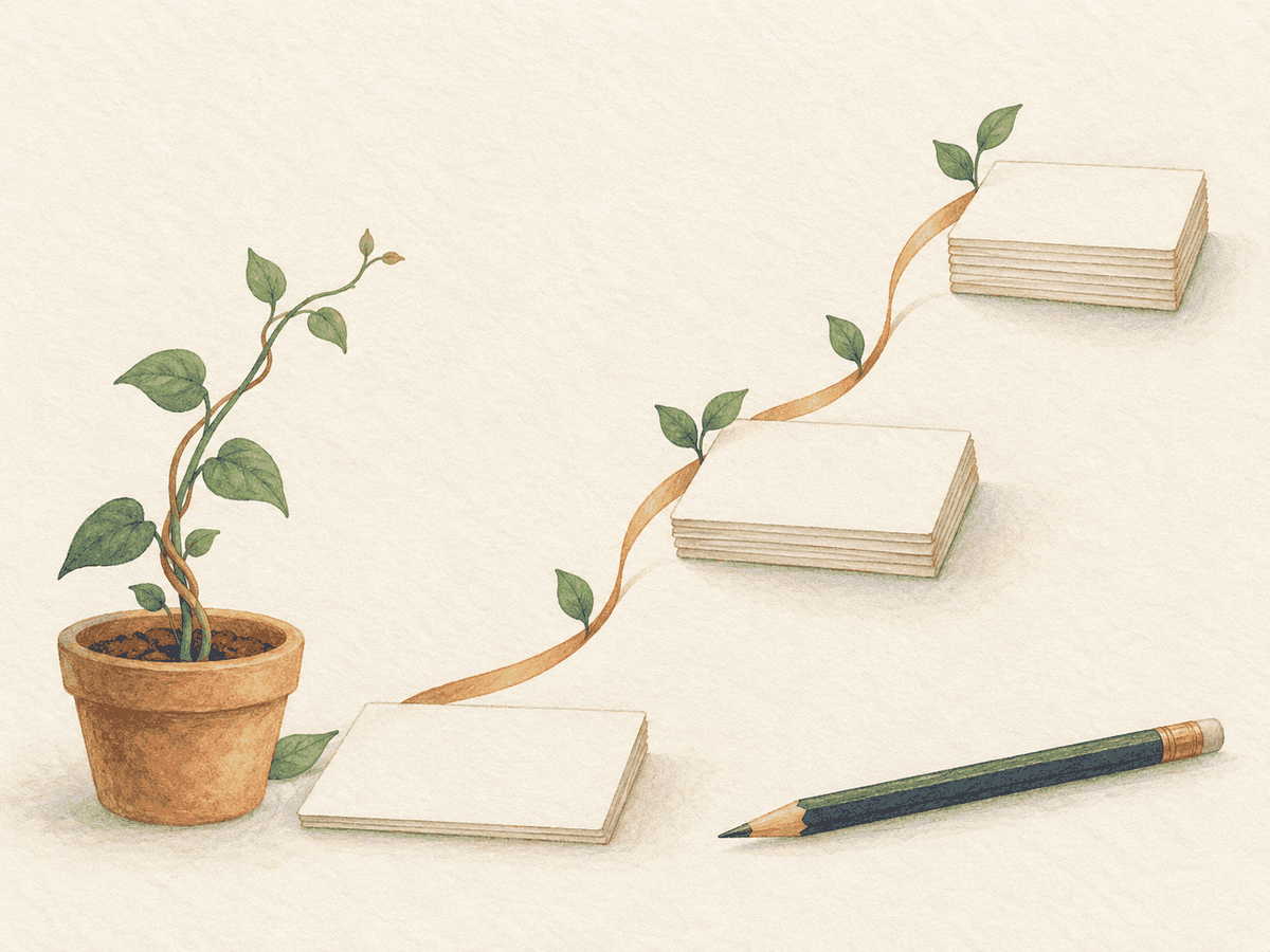 Blank recording cards rise alongside a growing plant and an ascending ribbon.