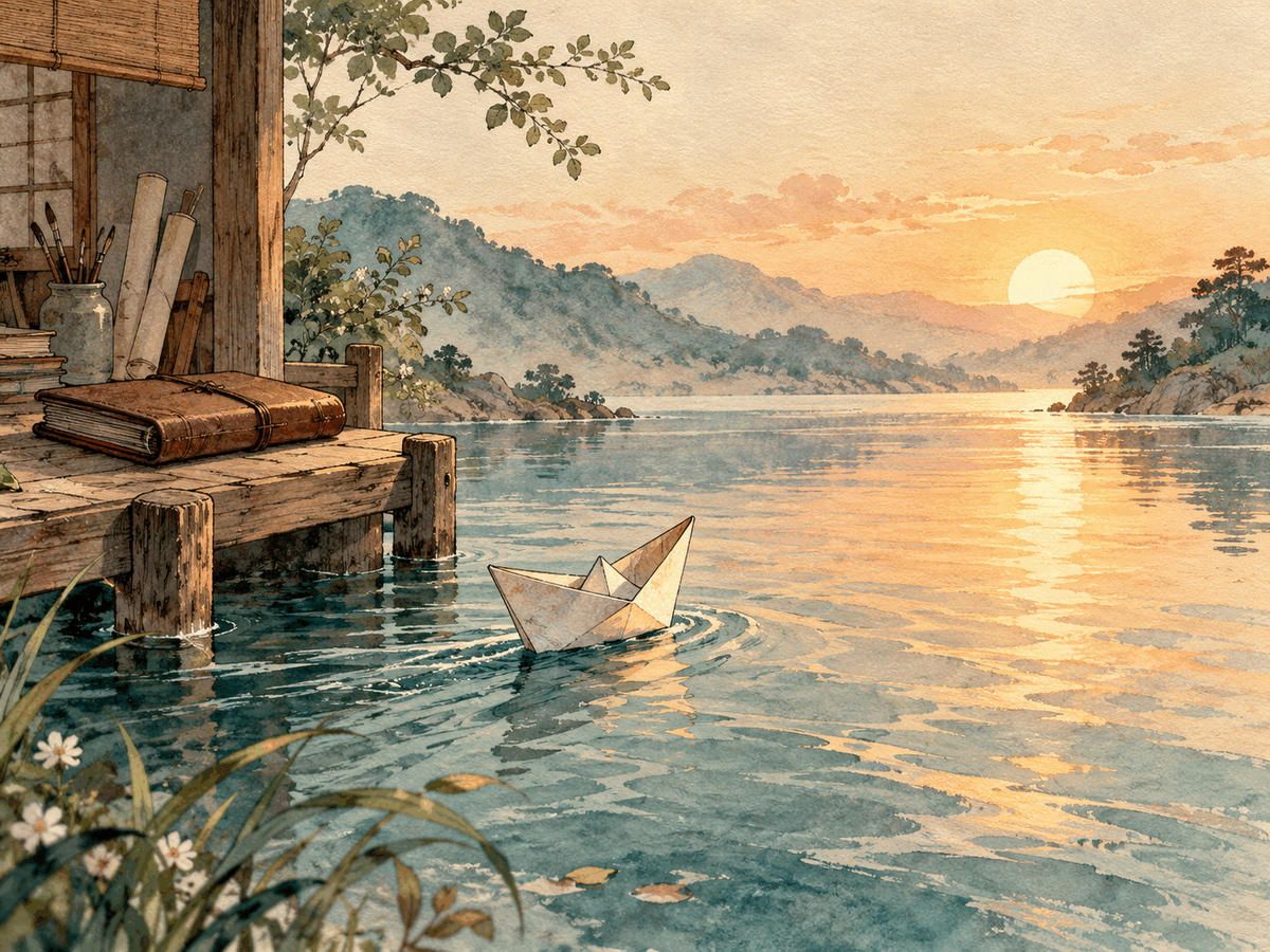 A finished paper boat leaving a sheltered studio dock for open water at sunrise