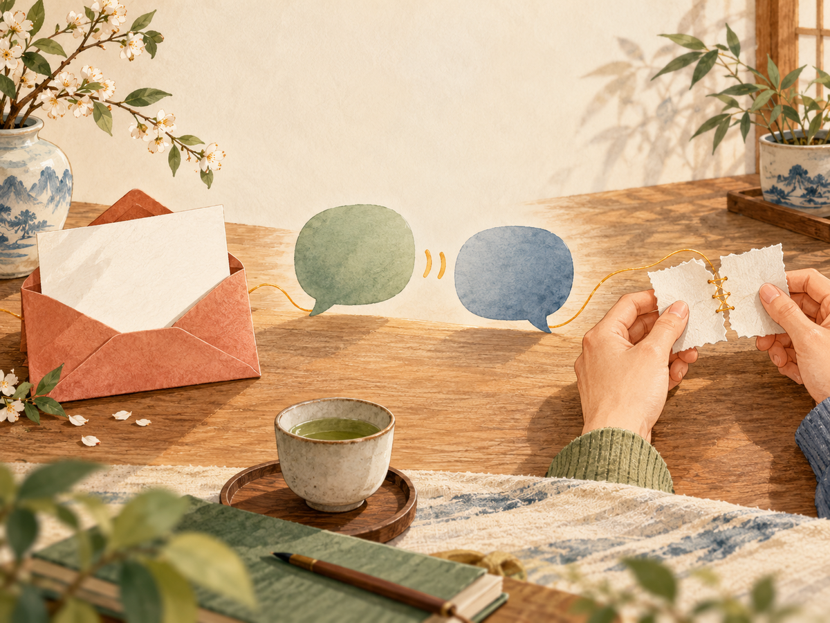 An open envelope, two speech bubbles, and hands stitching torn paper represent truth, reaction, and repair