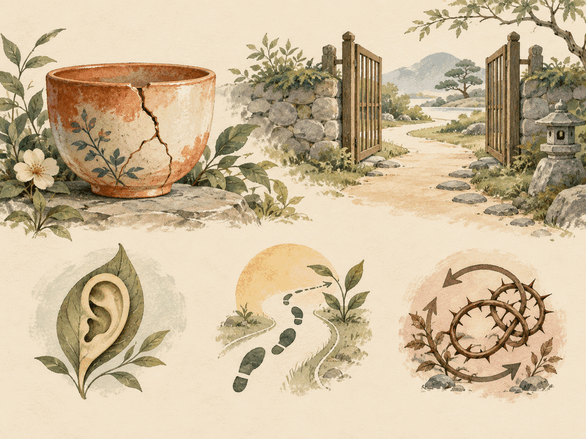 A repaired ceramic cup, open garden gate, listening leaf, new footprints, and a thorny repeating loop