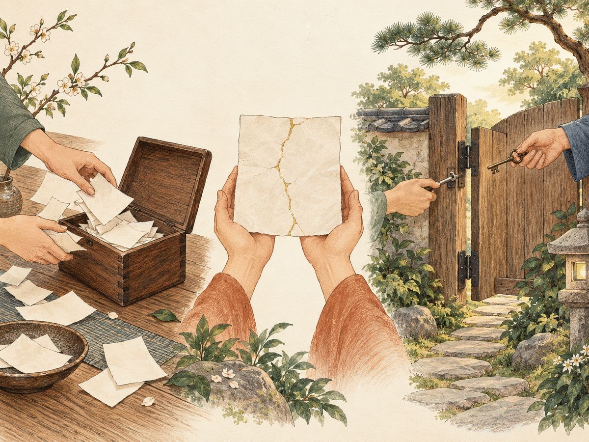 A three-part illustration of gathering papers, mending a torn sheet, and repairing a garden gate