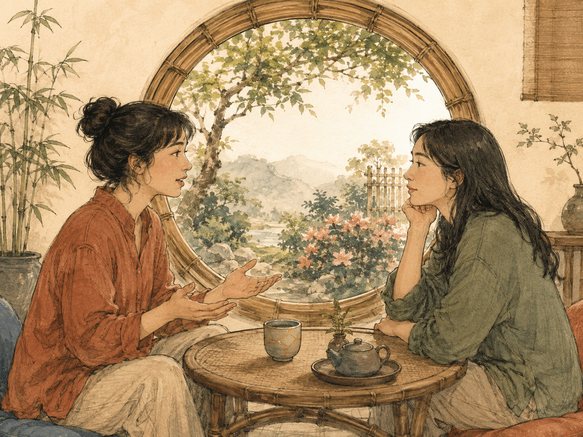Two friends having an honest conversation beside a repaired ceramic cup and an open circular window