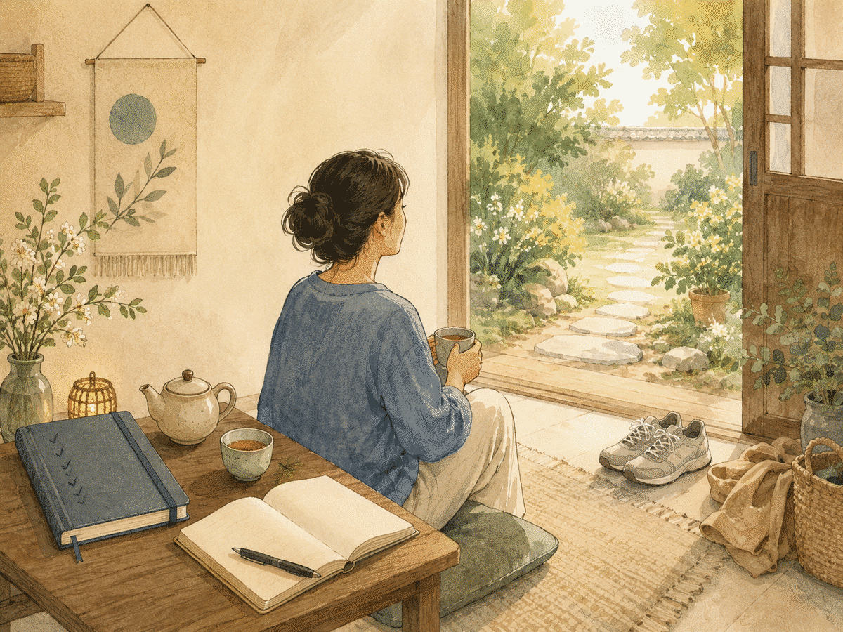 A person pauses with tea and a journal before stepping onto a quiet garden path after completing major goals